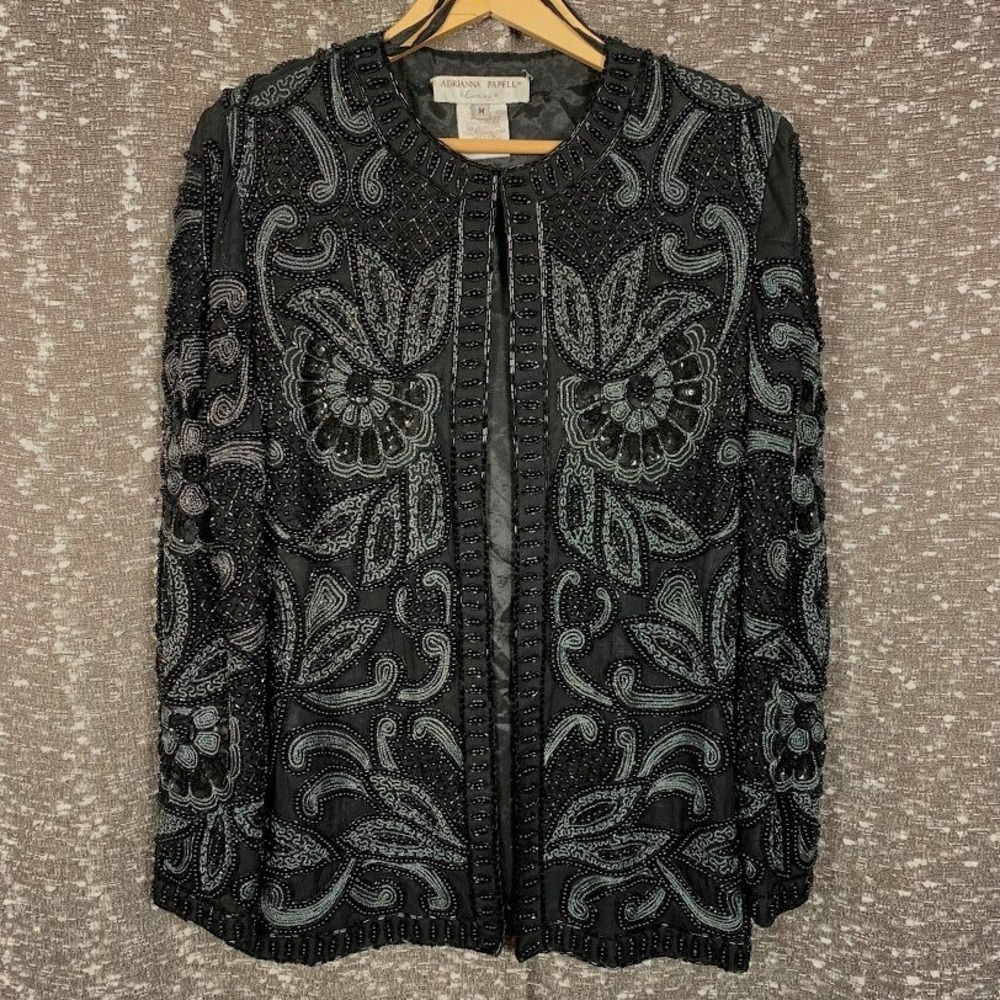 Adrianna Papell Evening Silk Beaded Jacket Black Glam Cocktail Vintage Medium